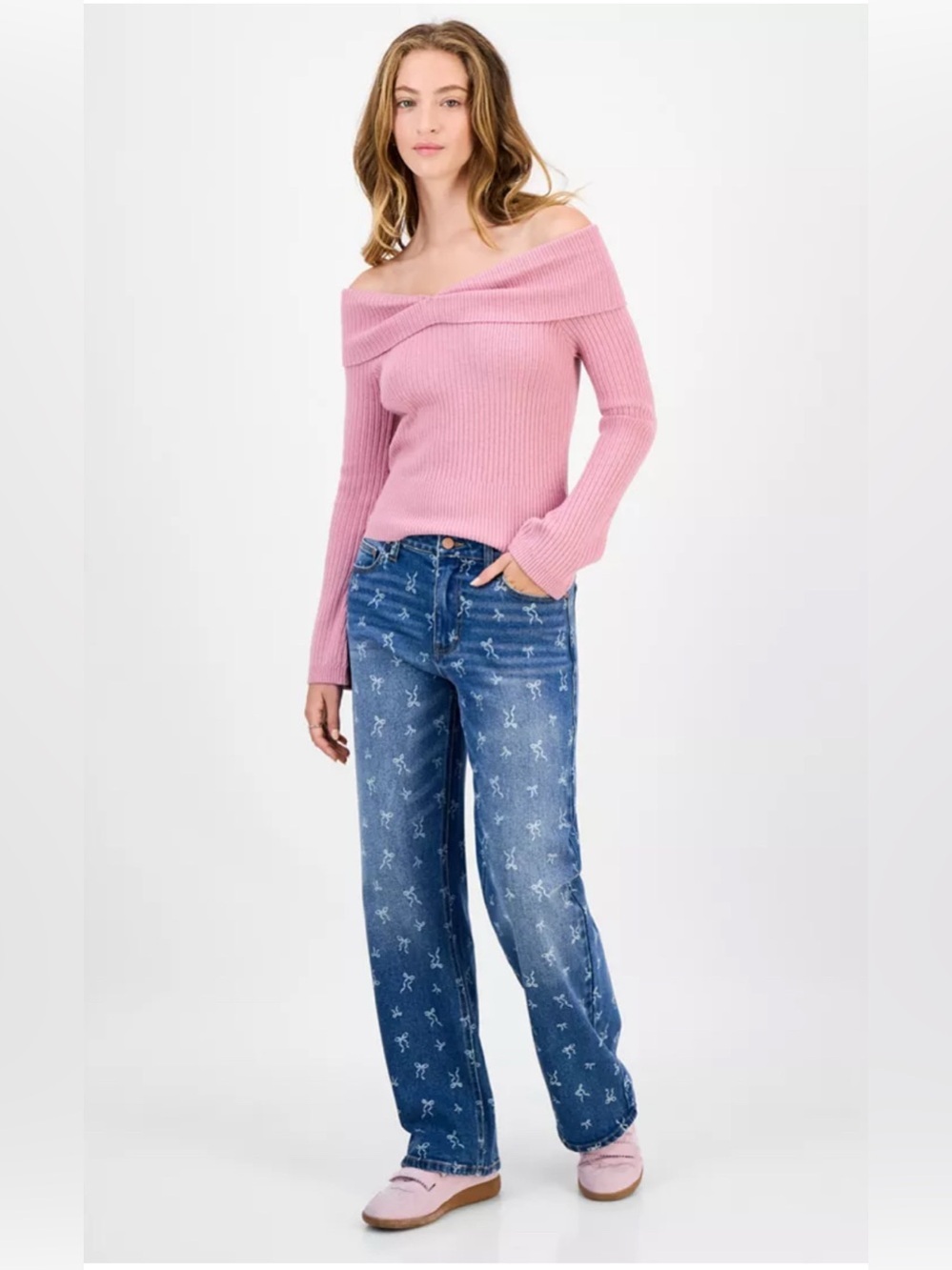 Tinseltown Juniors' Mid-Rise Bow-Print Baggy Jeans Size 13/31